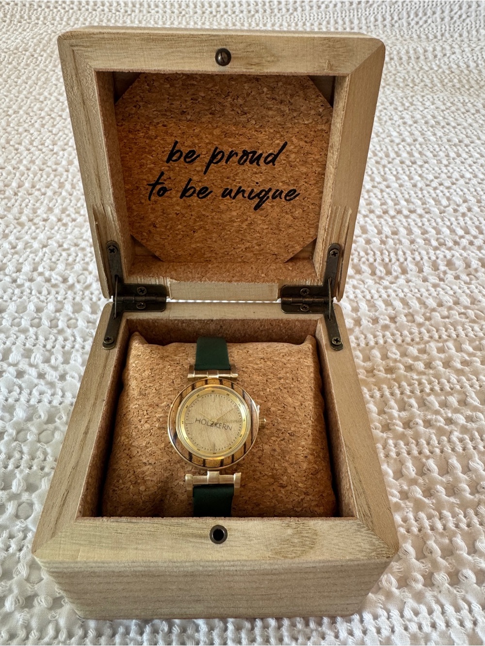 Holzkern Laura Zebrawood Oak Green Leather Watch 28mm Box
